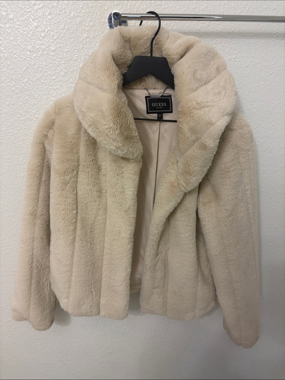 GUESS Cream Plush Faux Fur Teddy Jacket